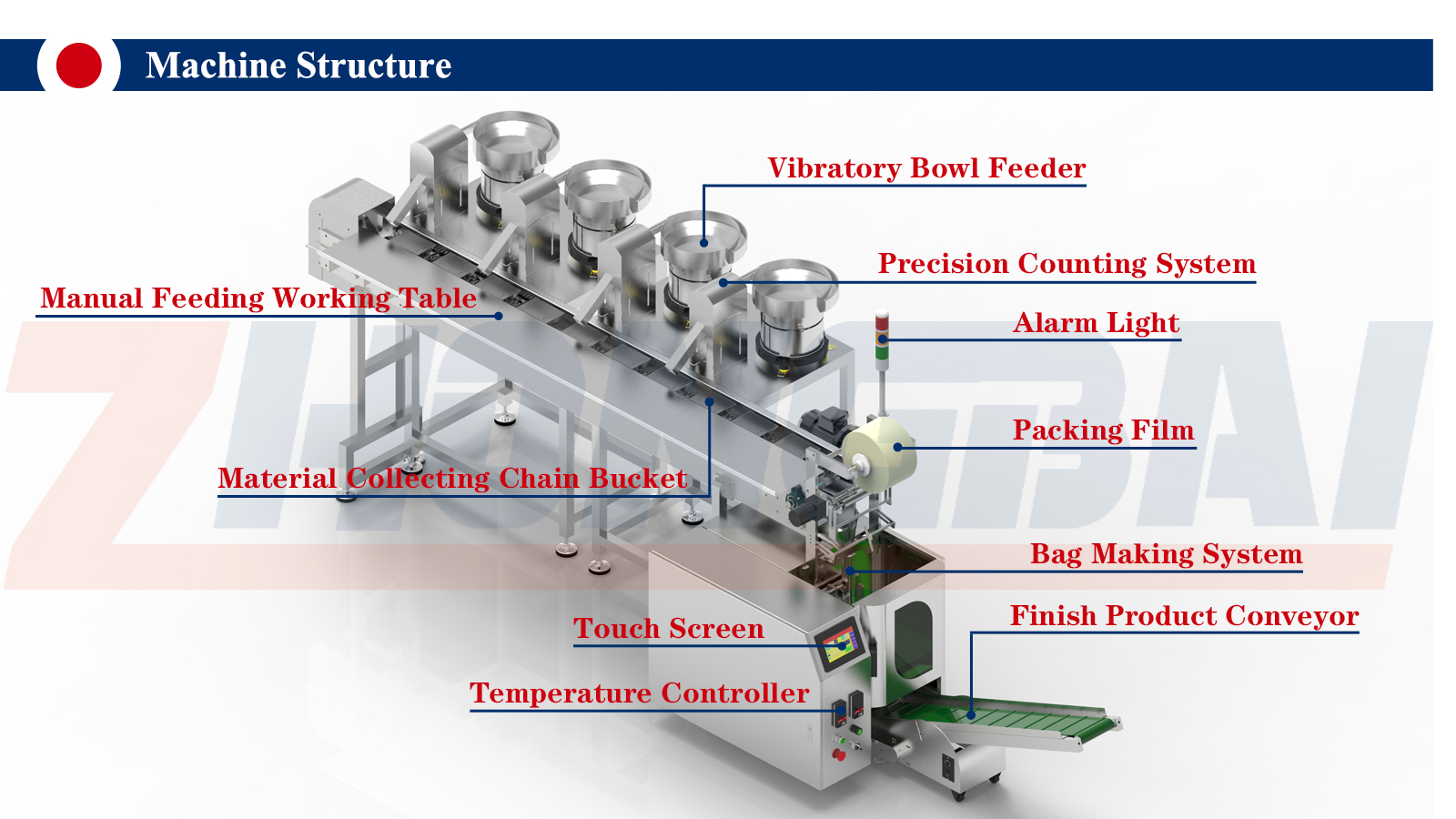 Automatic Counting and Packing Machine with Four Feeders Chain Conveyor